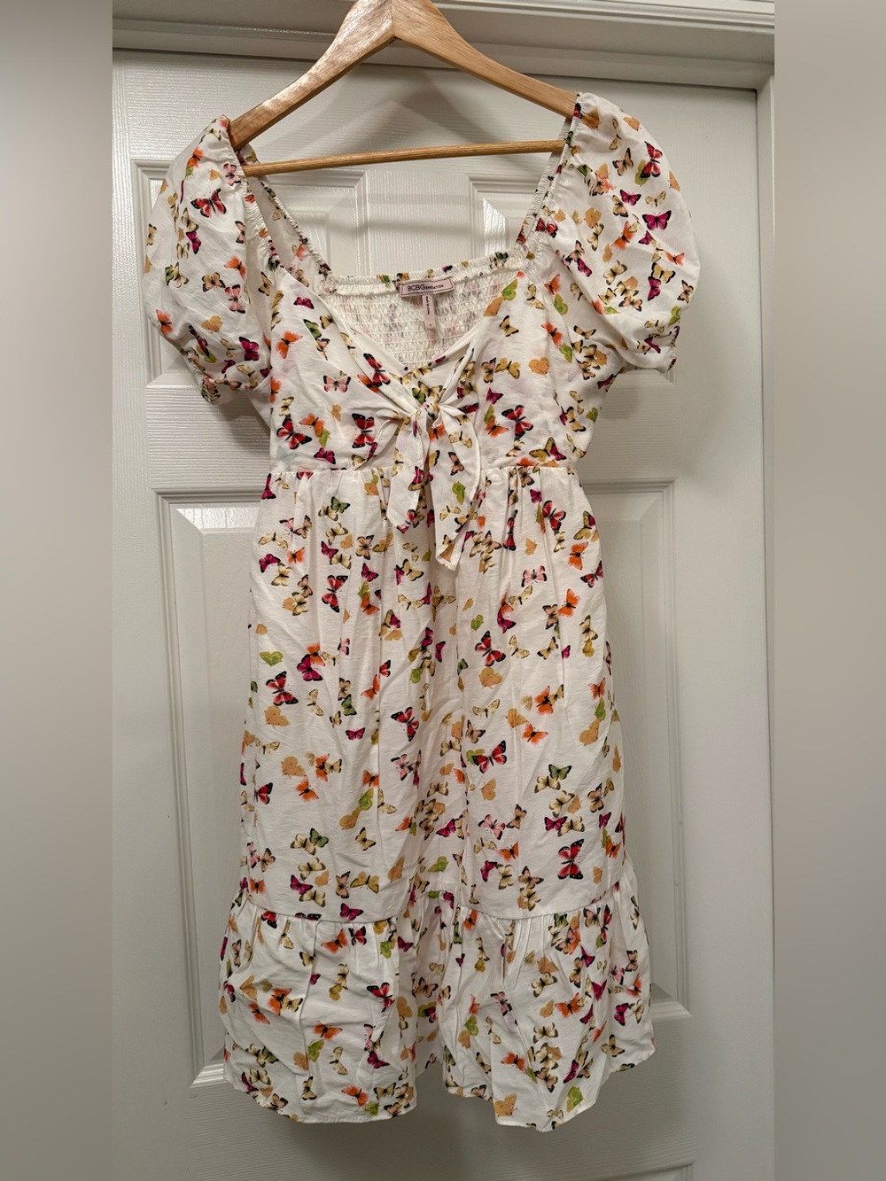 BCBGeneration Mini Dress Womens S White Butterfly Print Puff Sleeve Tie Front